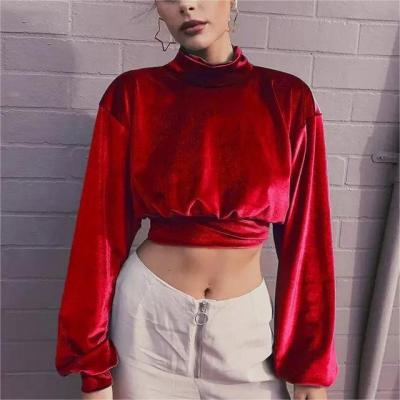 China Custom Made Hot Selling Anti-pilling Autumn Winter High Neck Velvet Amazon Slim Long Sleeve Ladies Crop Tops For Women for sale