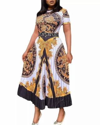 China Anti-wrinkle newest design newest design high waist high waist fashion long skirt print pleated temperament plus size women's dresses for sale