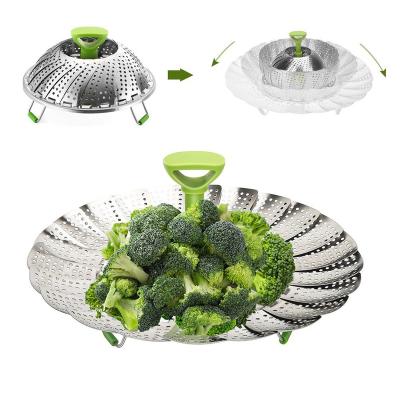 China Sustainable Kitchen Utensil Universal Expandable Stainless Steel Steamer Basket Folding Steaming Rack for sale