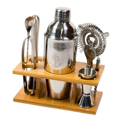 China Bartender Set With Rack Modern Barware Kit Bartender Set Stainless Steel With Bamboo Rack for sale