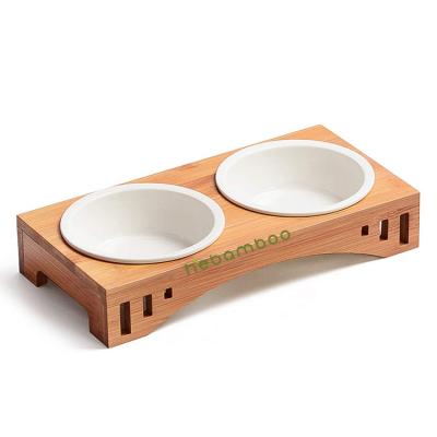 China Sustainable Stylish Bamboo Wood Raised Dog Cat Food Pet Feeder With Ceramic Bowls for sale