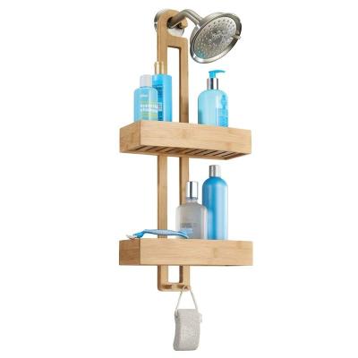 China Eco-Friendly Bathroom Drilling Bamboo Accessory Does Not Drill Freestanding Wooden Shower Shelf for sale