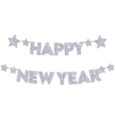 China Shinning happy new year Pentagram letter glitter pull flag Happy New Year round piece string set banner for sale