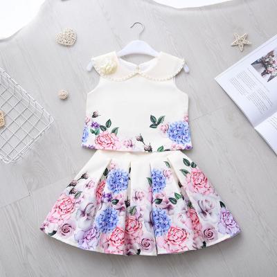 China Wholesale Washable Summer Little Girls Clothing Sets Girls Floral Two Piece Sets Sleeveless Tops + Skirt Set for sale