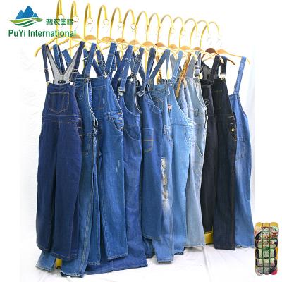 China PUYI 2022 Korean used denim clothing straight jeans full length overalls used clothing bales 100kg for sale