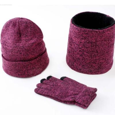 China COMMON 3Pcs Adults Acrylic Fleece Striped Knitted Winter Hat And Scarf Set for sale