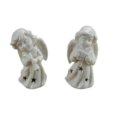 China Other White Led Light Ceramic Christmas Angel Figurine With Musical Instrument for sale