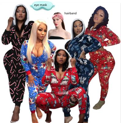 China Christmas Winter Onesie Print Adult Jumpsuit Long Zipper Hooded Sexy Warm Quick Dry Romper Overalls for sale