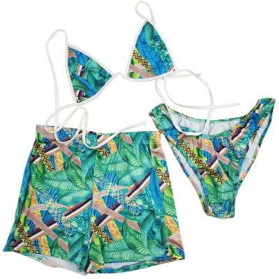 China 3 PCS Breathable Floral Micro Swimsuit Women's Triangle Top Bra Shorts Bikini Set Women Swimwear for sale