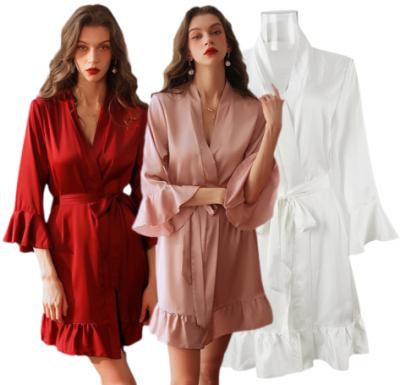 China 3/4 Sleeve Satin Robe Sleepwear Women Solid Silk QUICK DRY Wholesale Long Ruffles Bridesmaids Bathrobe for sale