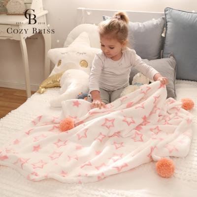 China Bliss Fleece Baby Anti-Static Cozy Blanket with Pom Pom Star Children Kids Hair Ball Blanket Summer Spring for sale