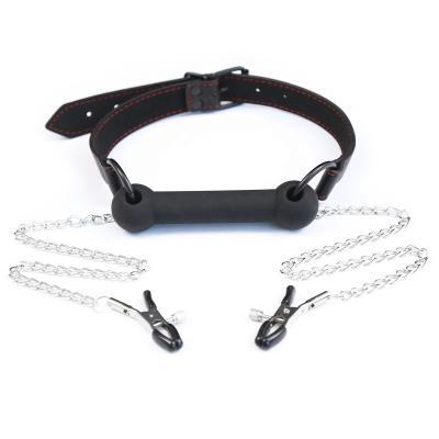 China With Nipple Hold Together Small Silicone Dog Bone Mouth Gag With Steel Chains Nipple Clamp for sale