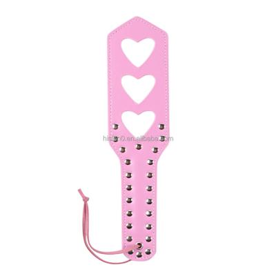 China Leather+metal Cute Pink Heart Beautiful Three Pattern Empty Hollow With Rivets Decoration Leather Paddle for sale