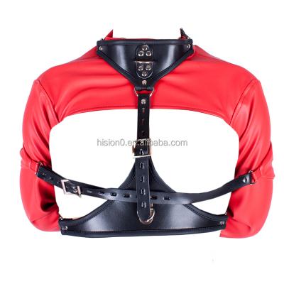 China For Adult Stimulation High Quality Adjustable Leather Chest Harness Hands Restraint Open Breast Cup Long Sleeves Body Bondage For Adult for sale