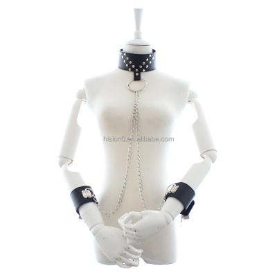 China Collar and Wrist Cuffs Kit Rivet Budded Collar and Wrist-to-Neck Restraint Bondage Handcuffs Connected by Metal Chains for sale