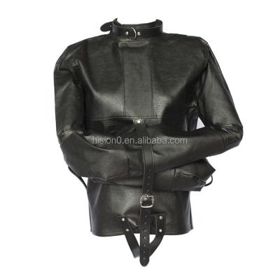 China Full Body Bondage Black PU Leather Straitjacket With Thong Belts Body Harness Hands Bondage Restraint Clothing for sale