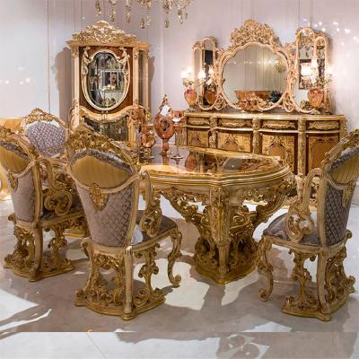 China (Other)September log adjustable super promotion hand-carved dining table set round luxury wooden dining table and chairs for sale