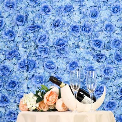 China Artificial Blue Black Silk Backdrop Wedding 3d Indoor Artificial Flower Wall Decor Flower Wall Decor H05101 Artificial Flower Wall for sale