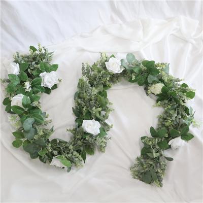 China Home Decor E07494 Factory Supply Wedding Hotel Fake Rose Eucalyptus Flower Vine Wall Hanging Artificial Flower Garlands For Home Decor for sale