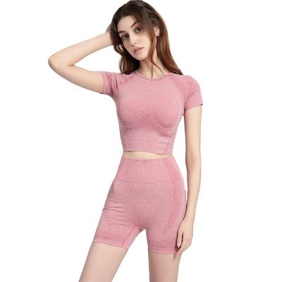 China Breathable Women's Fitness Suite Seamless 2 Piece High Waist Shorts With Short Sleeve Jacket That Show Hilum Yoga Exercise Suit for sale