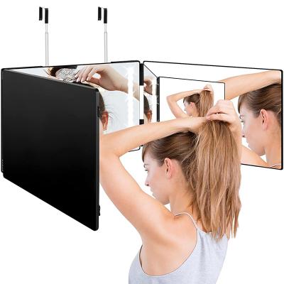 China Lighted Retractable And Adjustable Led Cosmetic Mirror Self Portable Barber Hanging Three Fold Mirror for sale