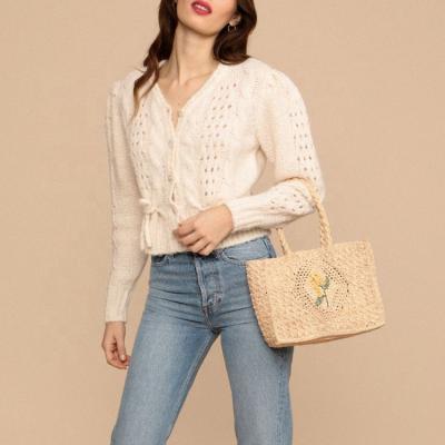 China Factory Price QUICK DRY Hollow Knit Design Puff Sleeve Long Sleeve Women Short Knitted Sweater for sale