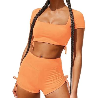 China Summer Solid Color Fitness Gym Suit Breathable Comfortable Female Yoga Short Two Piece Set for sale