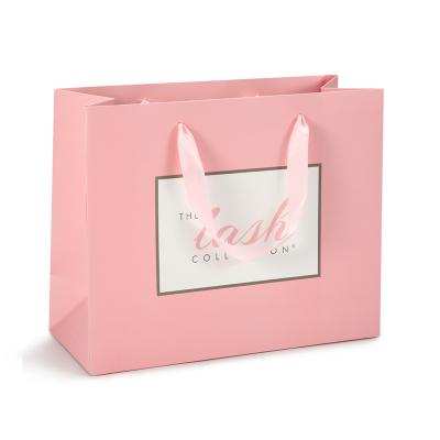 China Custom Recyclable Logo Printing Recycle Gift Printed Pink Hot Selling Shopping Paper Bag With Ribbon Handle Kraft Paper Bags for sale