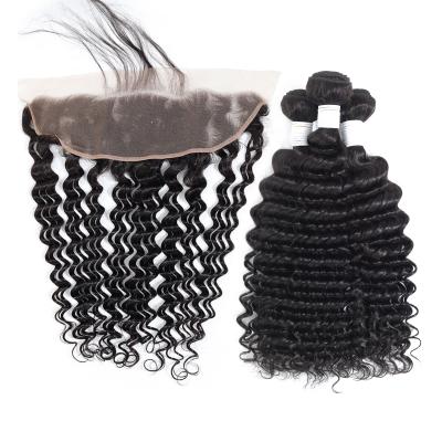 China Brazilian Deep Wave Deep Wave Bundles With Frontal Cuticle Aligned Hair Weaves Bundles No RUBE Shedding Hair for sale