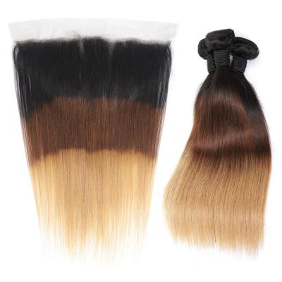 China Peruvian Straight Human Hair Vendors 1B/4/27 3 Tone Color Ombre Hair Bundle With Headbands Pre Pluck Lace RUBE for sale