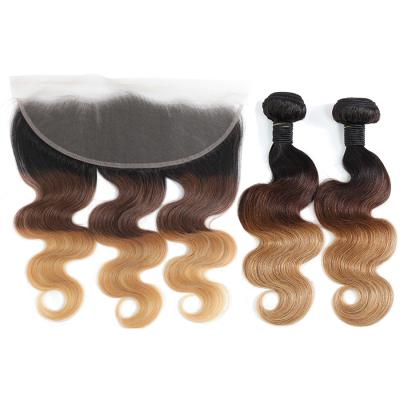 China Body Wave Bundles And Set Ombre Hair 1B/4/27 Frontal Peruvian Hair Bundles Body Wave Hair Shedding No No Tangle RUBE for sale