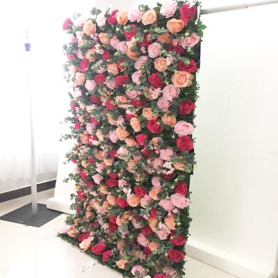 China Wedding 3d 5d bulk silk artificial roses flowerwall mix plants leaf fabric base curtain flower wall panel backdrop for living room shop decor for sale