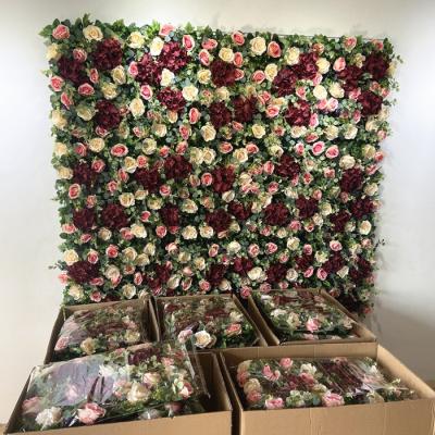 China Custom Wedding Stage A-372 Purple 3D Red Pink Roll Up Wedding Decorative Peony Rose Flower Wall Panel Backdrop Artificial Silk for sale