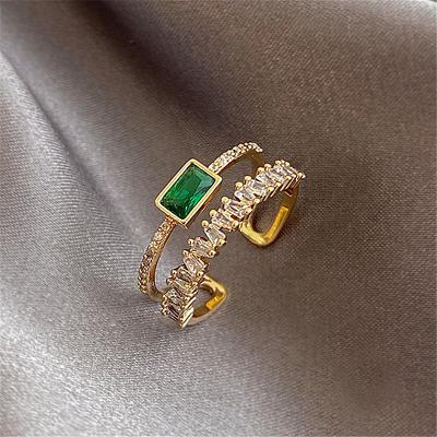 China Fashion Ring Female Jewelry For Girl Open Trendy Green Zircon Metal Party Rings Women Vintage Double Retro for sale