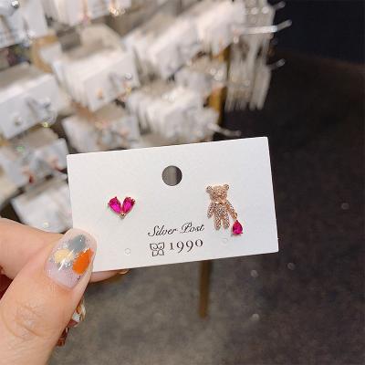 China New Fashion Stud Earring Stud Earrings Korean Small Cute Fashionable Female Cute Copper Zircon Jewelry Simple Trendy Pink Bear Earrings for sale