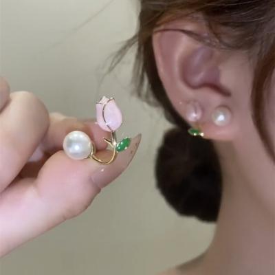 China TRENDY New Fashion Stylish Stud Earrings Lace Korean Simple Cute Flower Earrings Versatile Two Wearing Pearl Tulip Small Small for sale