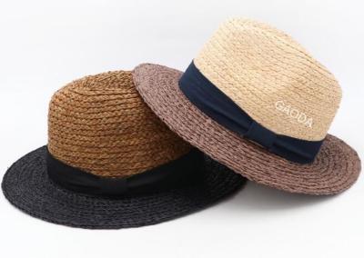 China Women Rafi straw hat flat eaves flower straw hat sunscreen shade bow beach Panama Straw Fedora Hat for sale