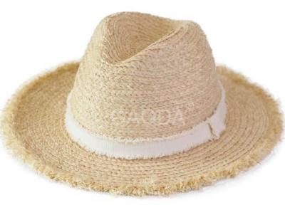 China Custom outdoor shade beach sunscreen Rafi grass along the straw hat burr Panaman Straw Fedoras hat for sale