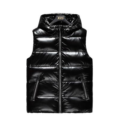 China Waterproof Custom Logo Men's Puffer Vest Lightweight Sleeveless Winter Warm Coat Hoodie Shiny Puffer Jacket for sale