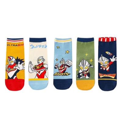 China Antibacterial 5 Pairs Pack Kids Socks Cartoon Ultraman Hero Pattern Lovely Boys Bangs 100% Cotton For Cute Boys for sale