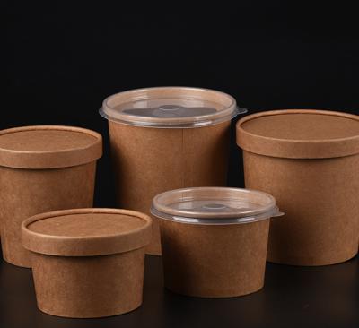 China Soup Paper Packaging Disposable Food Container Waterproof And Greaseproof Brown Tub With Paper Lid for sale