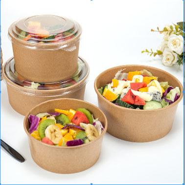 China Disposable Disposable Food Container Brown Kraft Paper Bowl Soup Salad Bowl With Lid Can Be Customized for sale