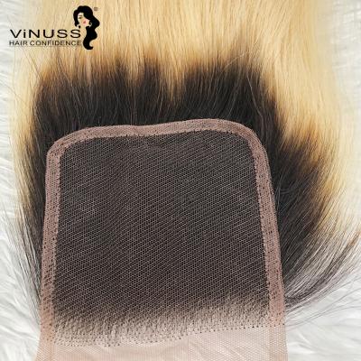 China Brazilian Remy Silky Straight Human Hair Lace Closure Honey Blonde Ombre 1b/613# 4x4 Silky Straight Closure for sale