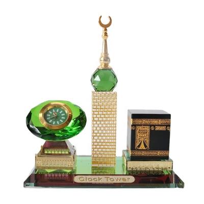 China Islamic Gifts Of With Green Diamond Clock For Wedding Souvenirs Of Middle East Style Crystal Makkah Clock Tower With Kaaba for sale