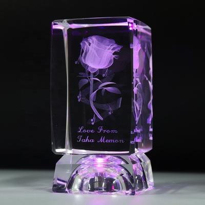 China Europe Custom 3D Laser Engraved Crystal Glass Rose Flower Cube With Colorful Led Light Base For Wedding Souvenirs Guest Favors for sale