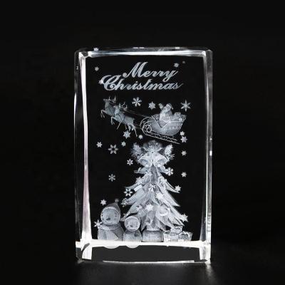 China Europe Christmas Gifts 3D Custom Laser Etched Christmas Tree Crystal Glass Santa Cube Crafts for sale