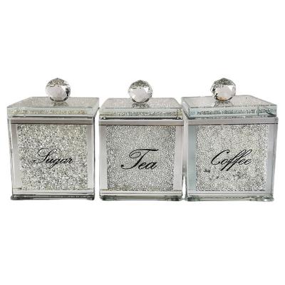 China Kitchen Viable High Quality Tea Sugar Coffee Sets Square Crystal Canister Glass Jar With White Crushed Crystal Diamonds for sale