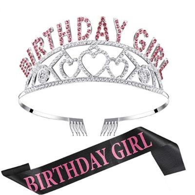 China Birthday Party Supplies Hot Sale Rhinestone Birthday Crown Birthday Girl Sash Set Party Tiara Crowns and Sash Birthday Props for sale