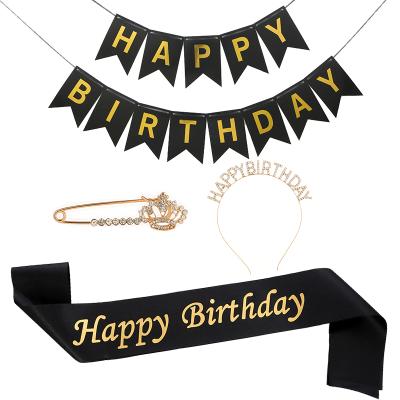 China Birthday Party Supplies New Design 4pcs Happy Birthday Decorations Accessories Headband Banner Sash Rhinestone Pin For Girl Favor Gifts Factory Supply for sale