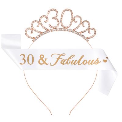 China Birthday Party Supplies Wholesale Metal Rhinestone Birthday Headband Sash 2 Pieces 18th 21st 30th Fortieth Fiftieth Sixtieth Seventieth Set Party Decoration for sale